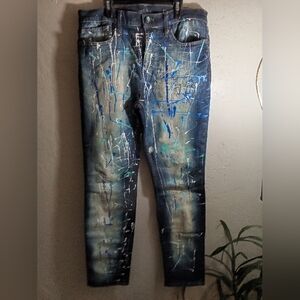 Goodfellow Custom Distressed Sz(34x32)Skiny w/(Blu/Wht Paint Splat) Men’s Jeans.